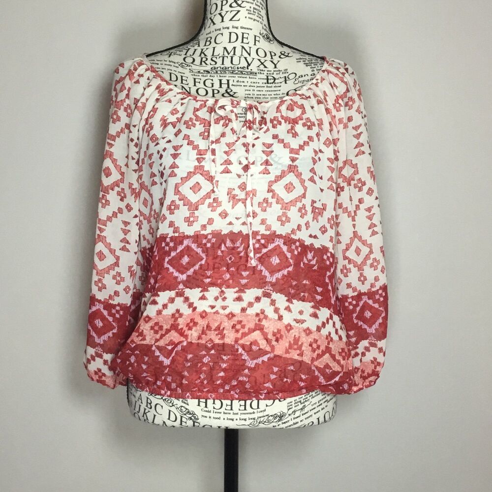 Aztec semi sheer peasant top red cream geometric pattern southwestern hippie S